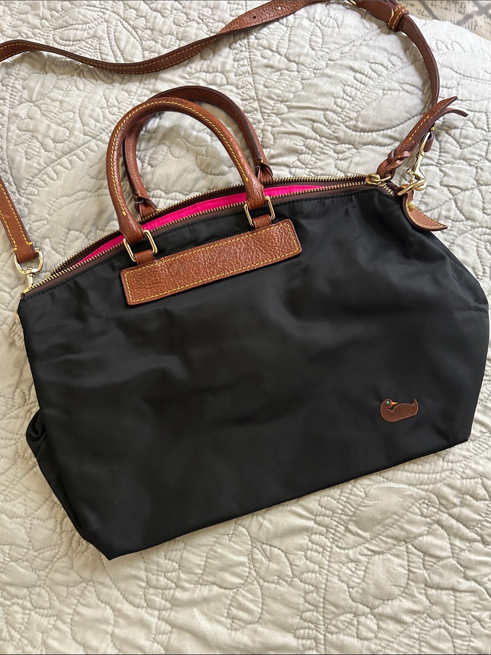 Dooney & Bourke Black Nylon Satchel with Brown Leather Trim and Pink Zip Accent